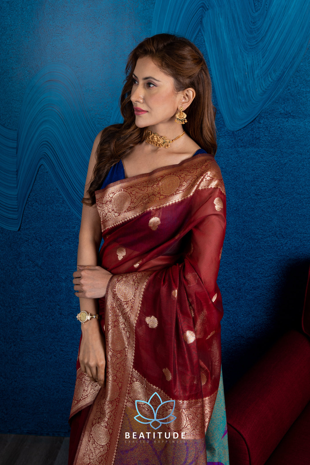 Beatitude Maroon Gold-Toned Ethnic Motifs Zari Silk Blend Banarasi Saree with Unstitched Blouse