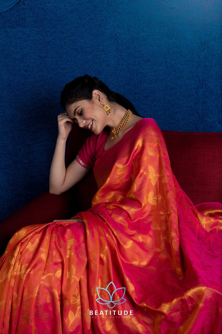 Beatitude Orange Gold-Toned Floral Silk Blend Banarasi Saree with Unstitched Blouse