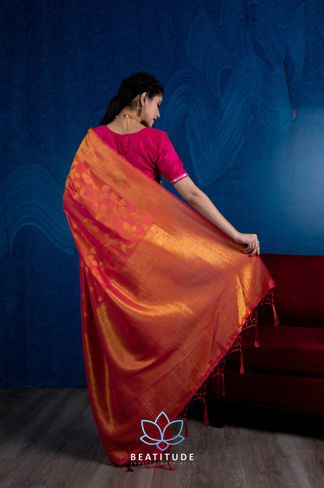 Beatitude Orange Gold-Toned Floral Silk Blend Banarasi Saree with Unstitched Blouse
