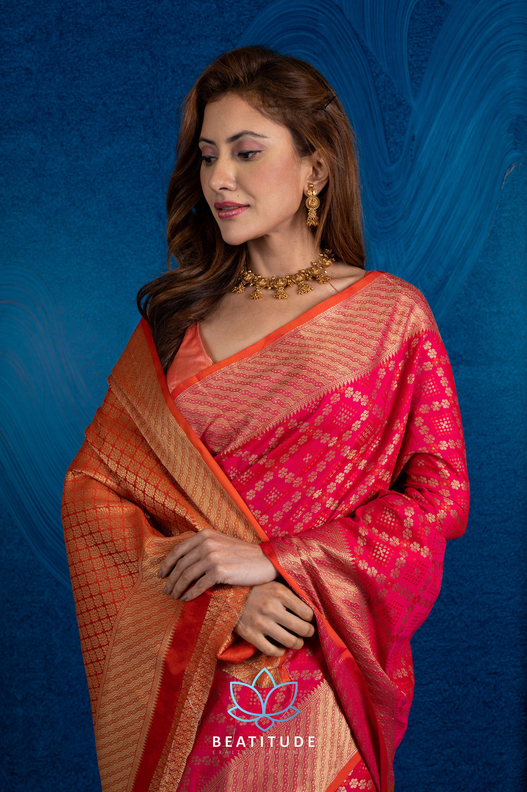 Beatitude Pink Gold-Toned Zari Silk Blend Patola Saree with Unstitched Blouse
