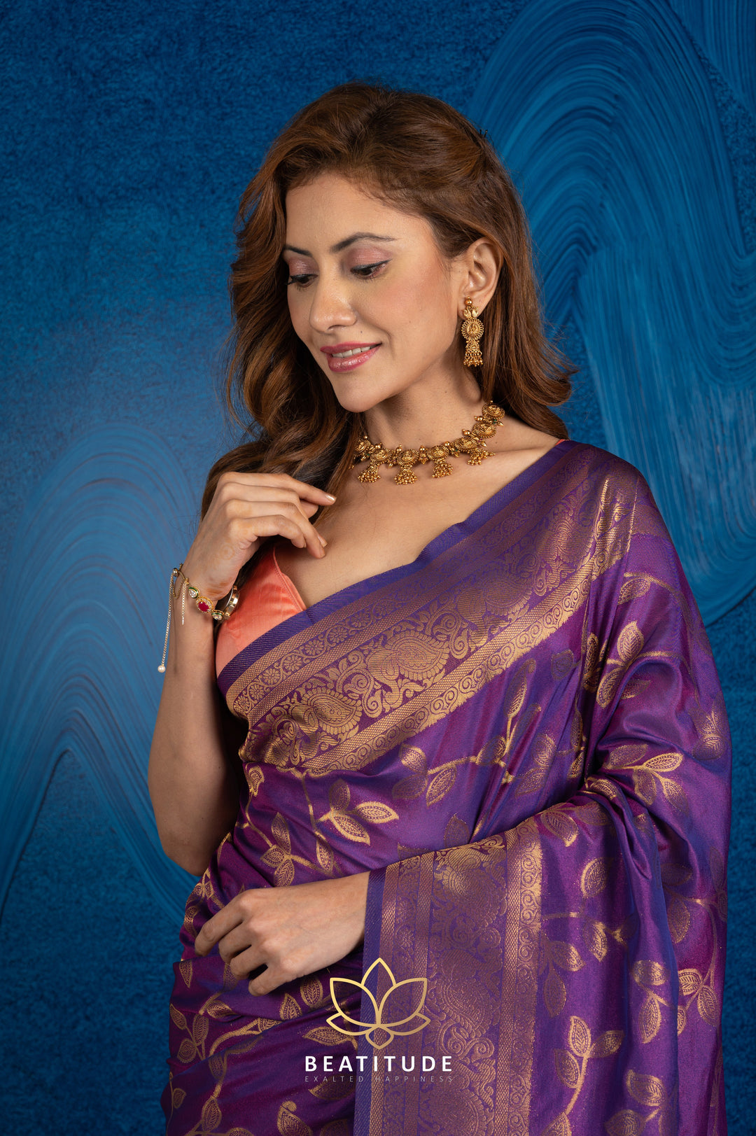 Beatitude Violet Gold-Toned Woven Design Zari Silk Blend Banarasi Saree with Unstitched Blouse