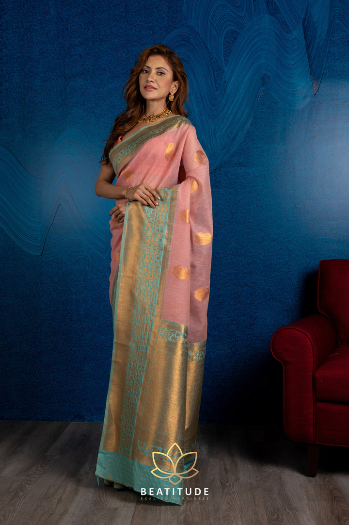 Beatitude Pink Blue Paisley Zari Linen Blend Banarasi Saree with Unstitched Blouse