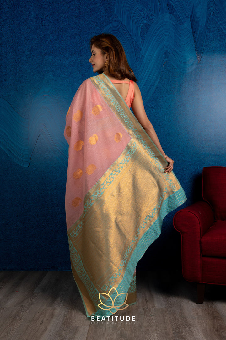Beatitude Pink Blue Paisley Zari Linen Blend Banarasi Saree with Unstitched Blouse