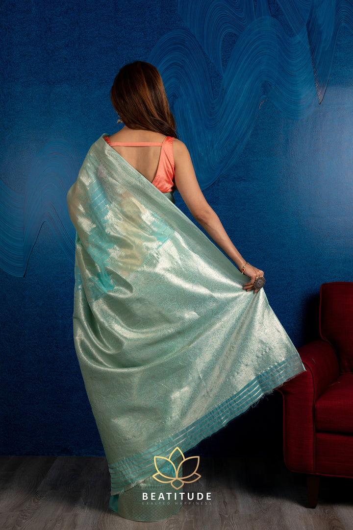 Beatitude Blue Gold-Toned Woven Design Zari Silk Blend Banarasi Saree with Unstitched Blouse