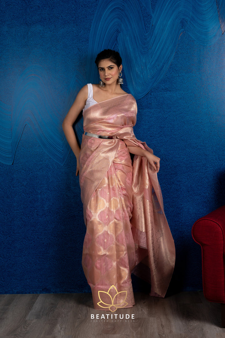 Beatitude Pink Gold-Toned Woven Design Zari Silk Blend Banarasi Saree with Unstitched Blouse