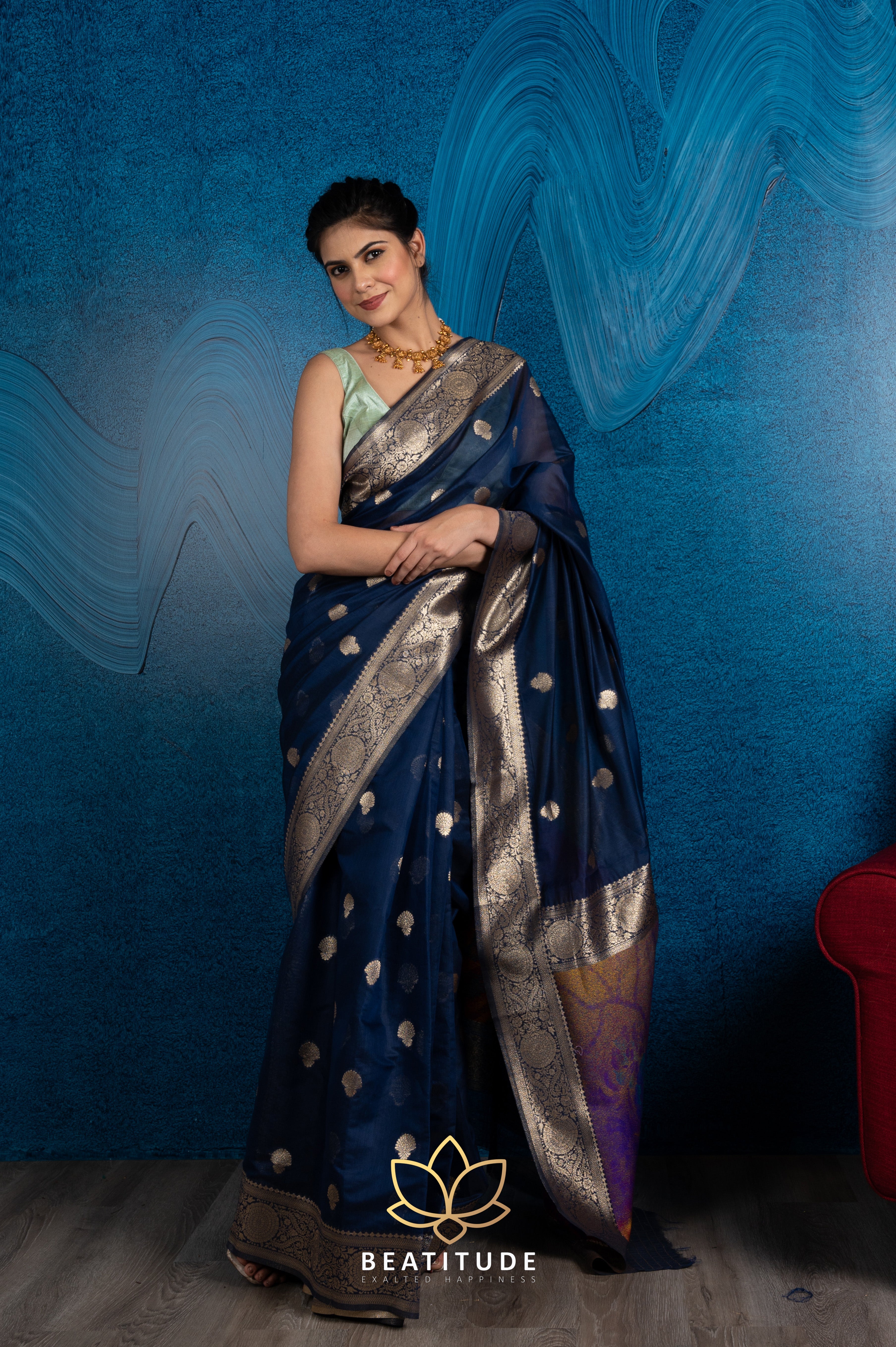 Buy HOUSE OF BEGUM Women's Navy Blue Banarasi Satin Silk Saree With Stone  Work with Blouse Piece | Shoppers Stop