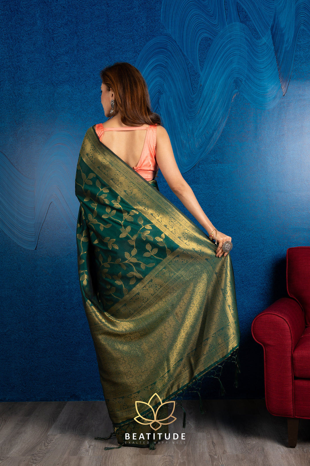 Beatitude Green Gold-Toned Woven Design Zari Silk Blend Banarasi Saree with Unstitched Blouse