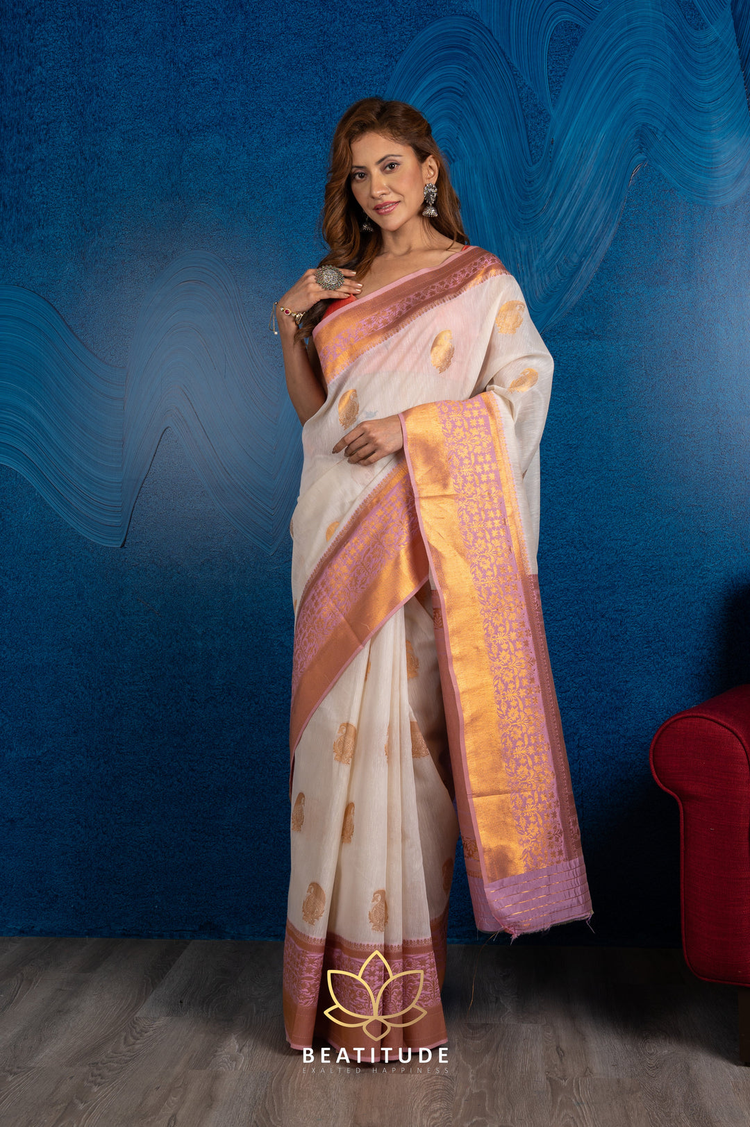 Beatitude Off White Pink Woven Design Linen Blend Banarasi Saree with Unstitched Blouse