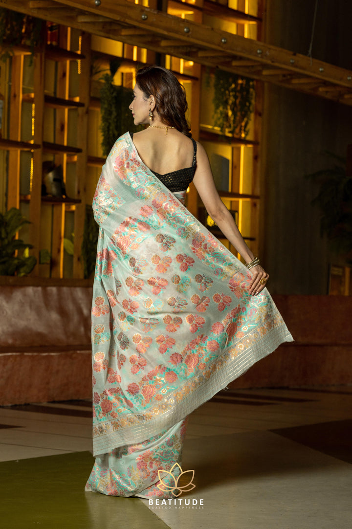 Beatitude Green Peach-Coloured Floral Chanderi Cotton Saree with Unstitched Blouse