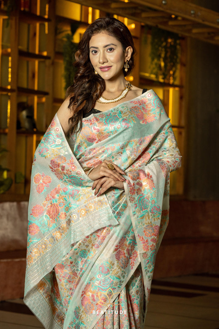 Beatitude Green Peach-Coloured Floral Chanderi Cotton Saree with Unstitched Blouse