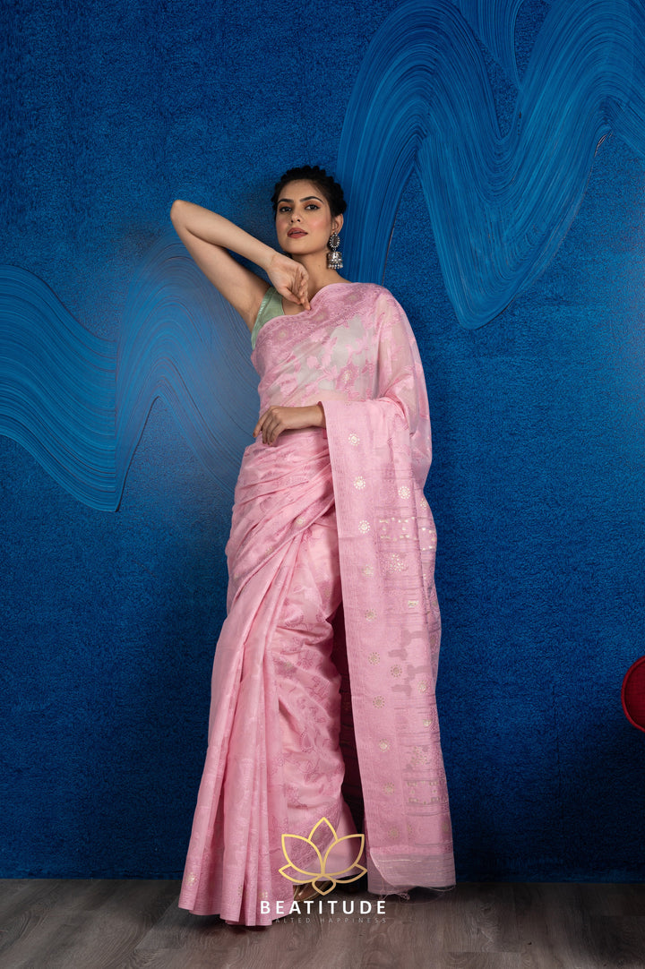 Beatitude Pink Floral Saree with Unstitched Blouse
