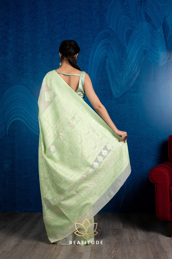 Beatitude Sea Green Silver-Toned Ethnic Motifs Woven Design Zari Saree with Unstitched Blouse