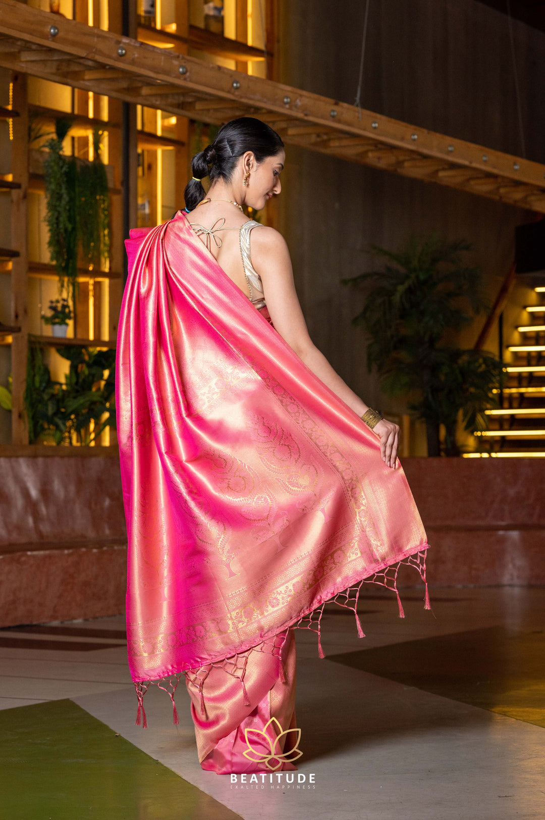 Beatitude Pink Gold-Toned Ethnic Motifs Zari Kanjeevaram Saree with Unstitched Blouse