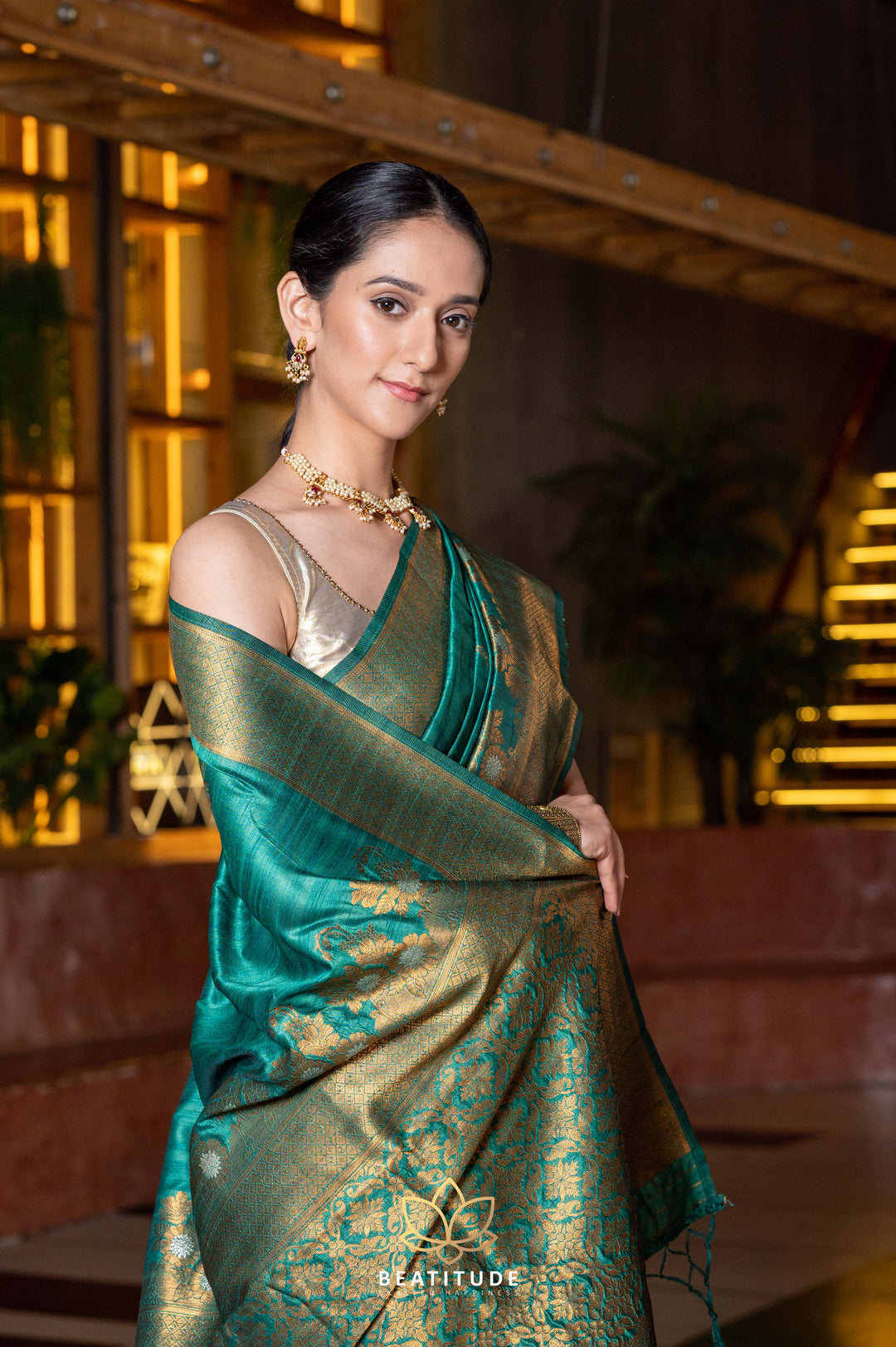 Beatitude Green Gold-Toned Ethnic Motifs Zari Silk Blend Tussar Saree with Unstitched Blouse