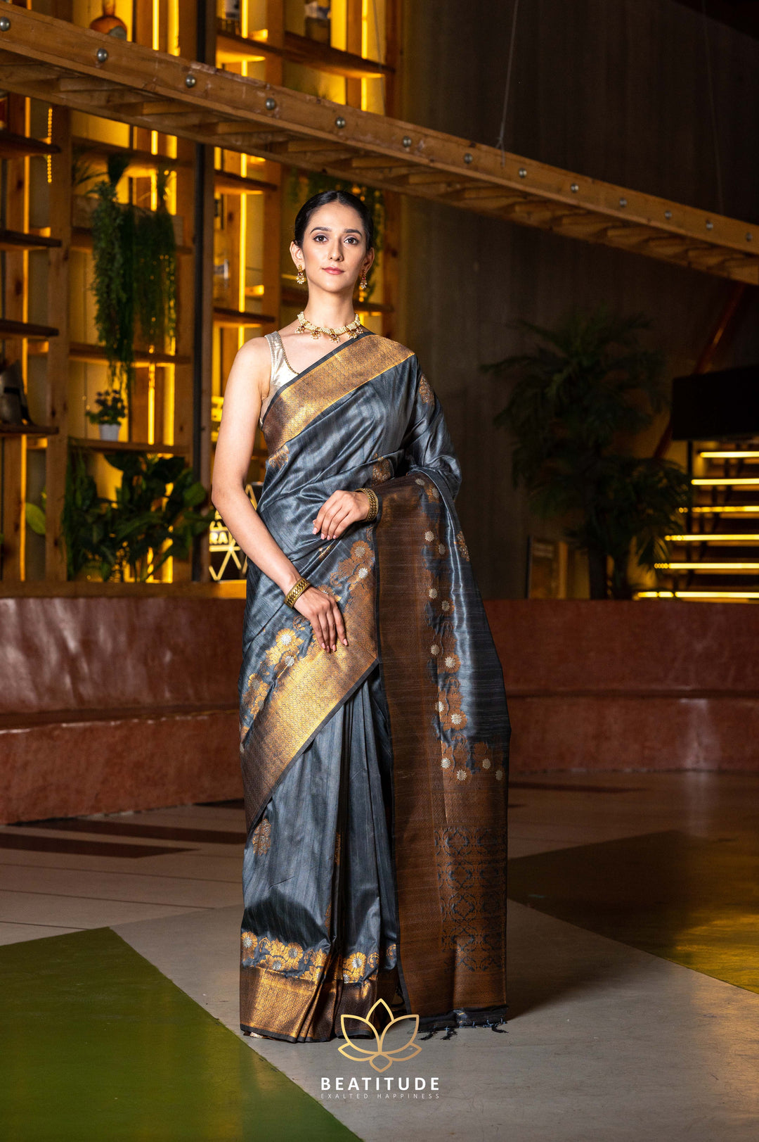 Beatitude Grey Gold-Toned Ethnic Motifs Zari Tussar Saree with Unstitched Blouse