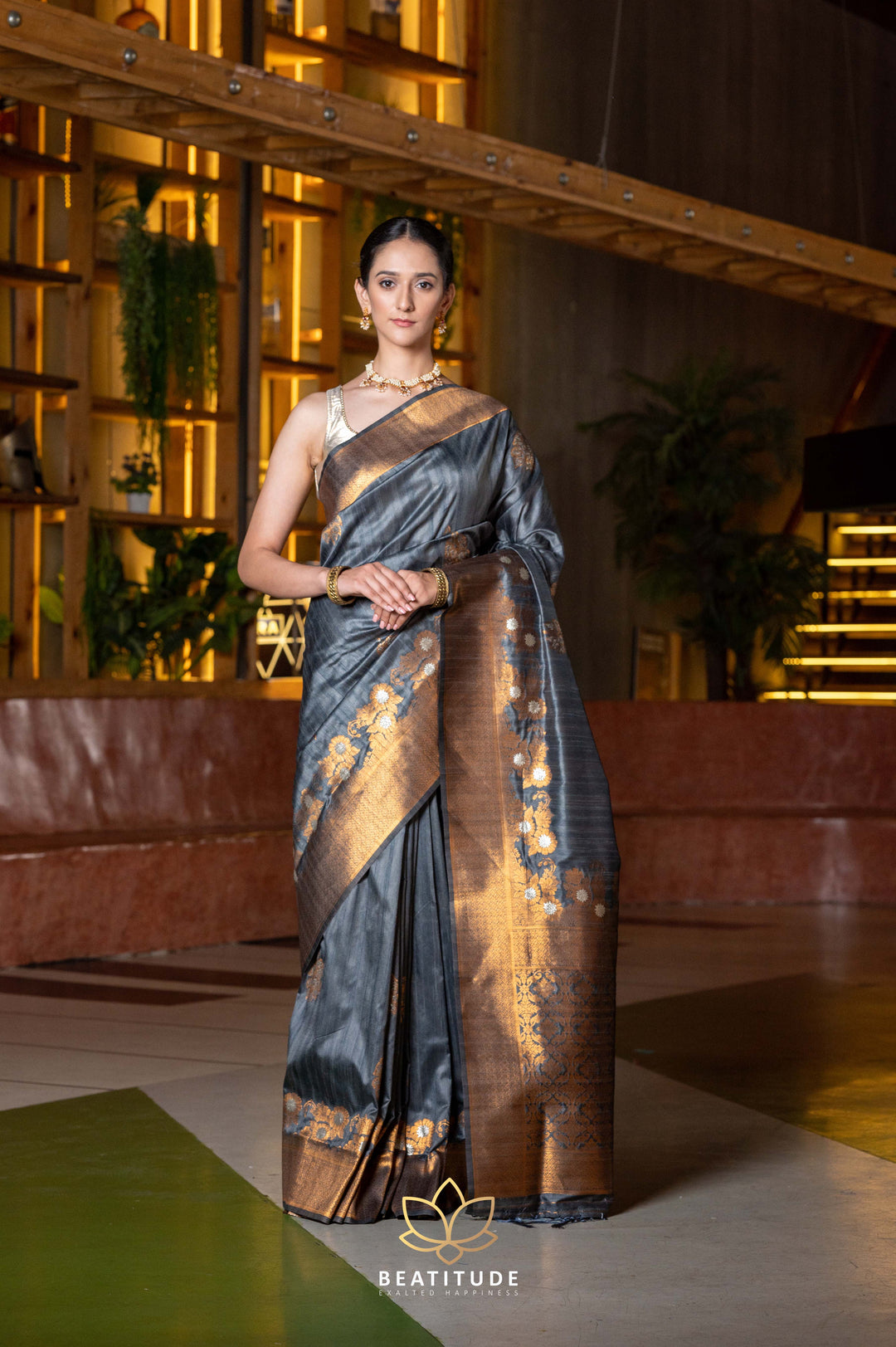 Beatitude Grey Gold-Toned Ethnic Motifs Zari Tussar Saree with Unstitched Blouse