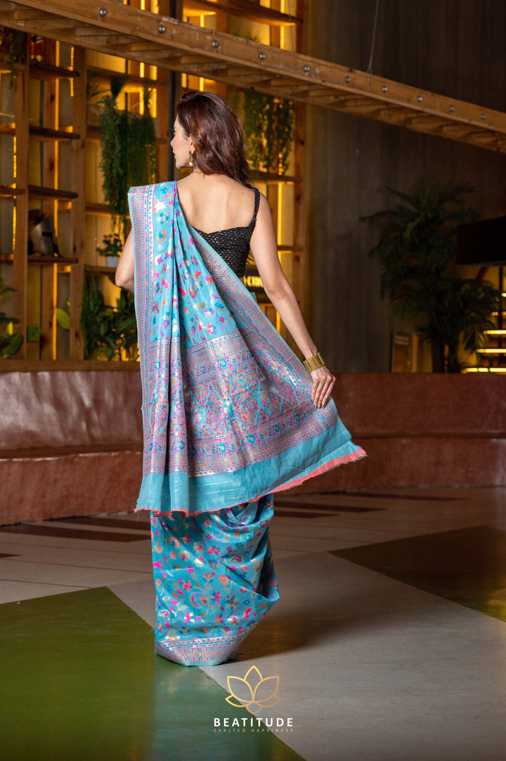 Beatitude Blue Pink Floral Silk Blend Saree with Unstitched Blouse