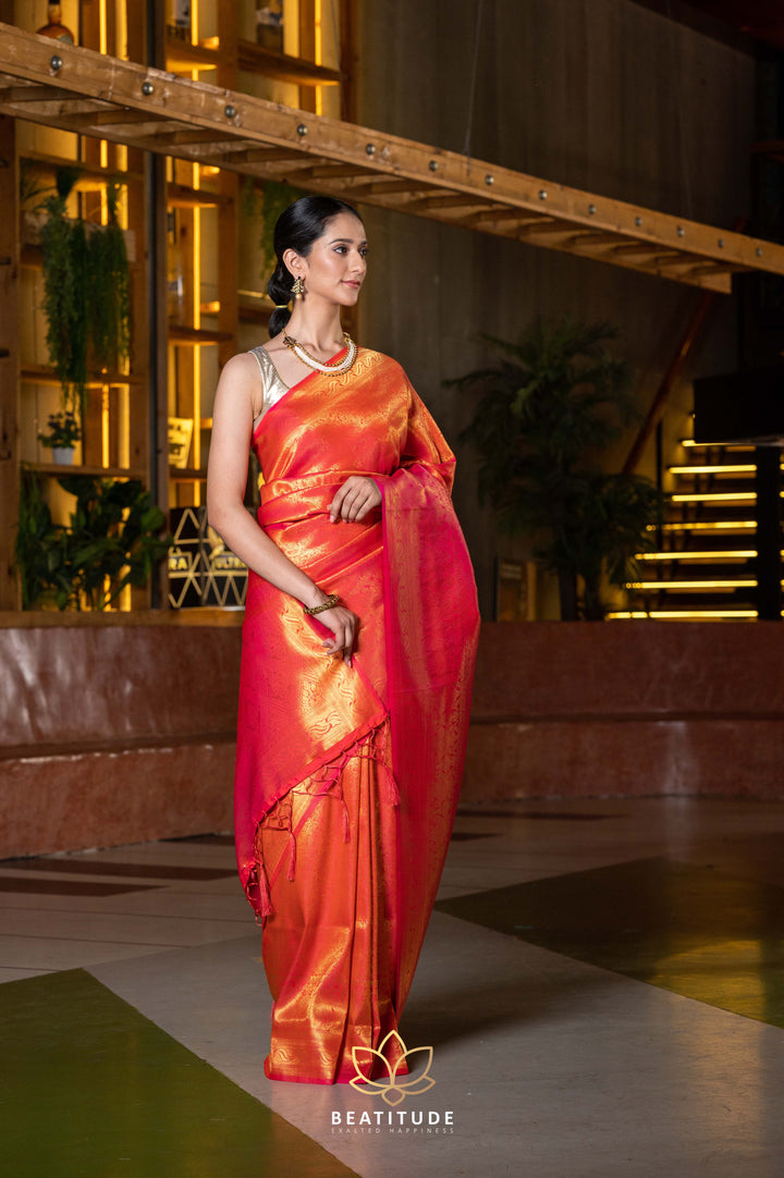 Beatitude Orange Gold-Toned Woven Design Zari Silk Blend Kanjeevaram Saree with Unstitched Blouse