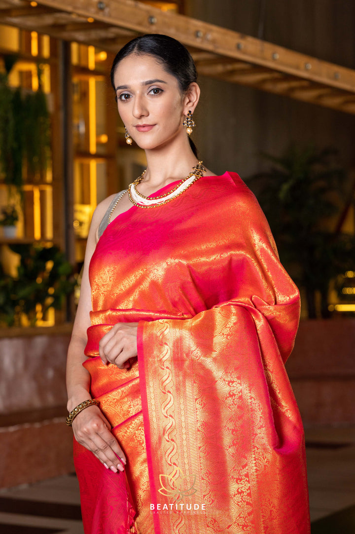 Beatitude Orange Gold-Toned Woven Design Zari Silk Blend Kanjeevaram Saree with Unstitched Blouse