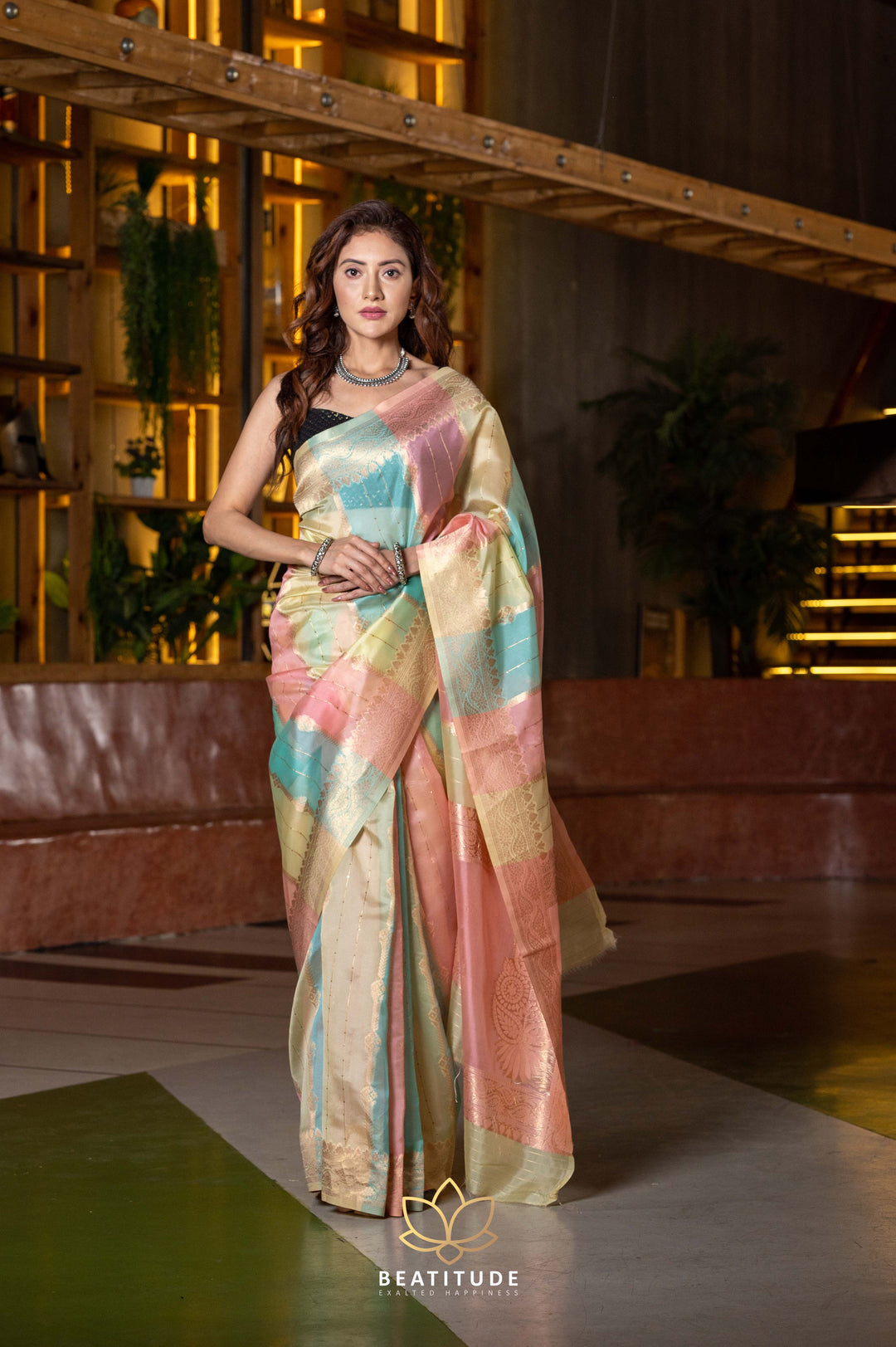 Beatitude Multi-Coloured Yellow Ethnic Motifs Organza Saree with Unstitched Blouse