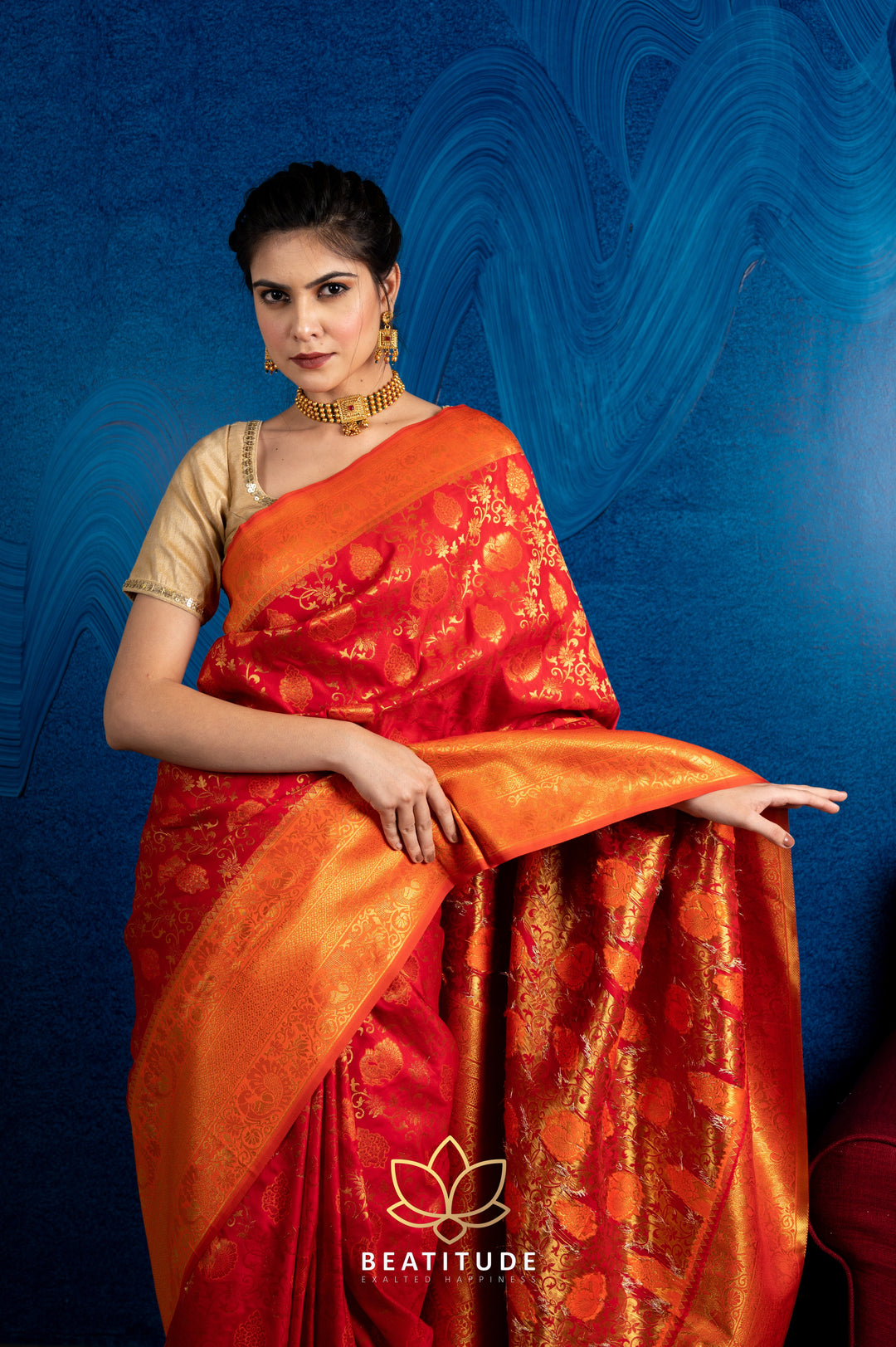 Beatitude Red Gold-Toned Floral Zari Silk Blend Banarasi Saree with Unstitched Blouse