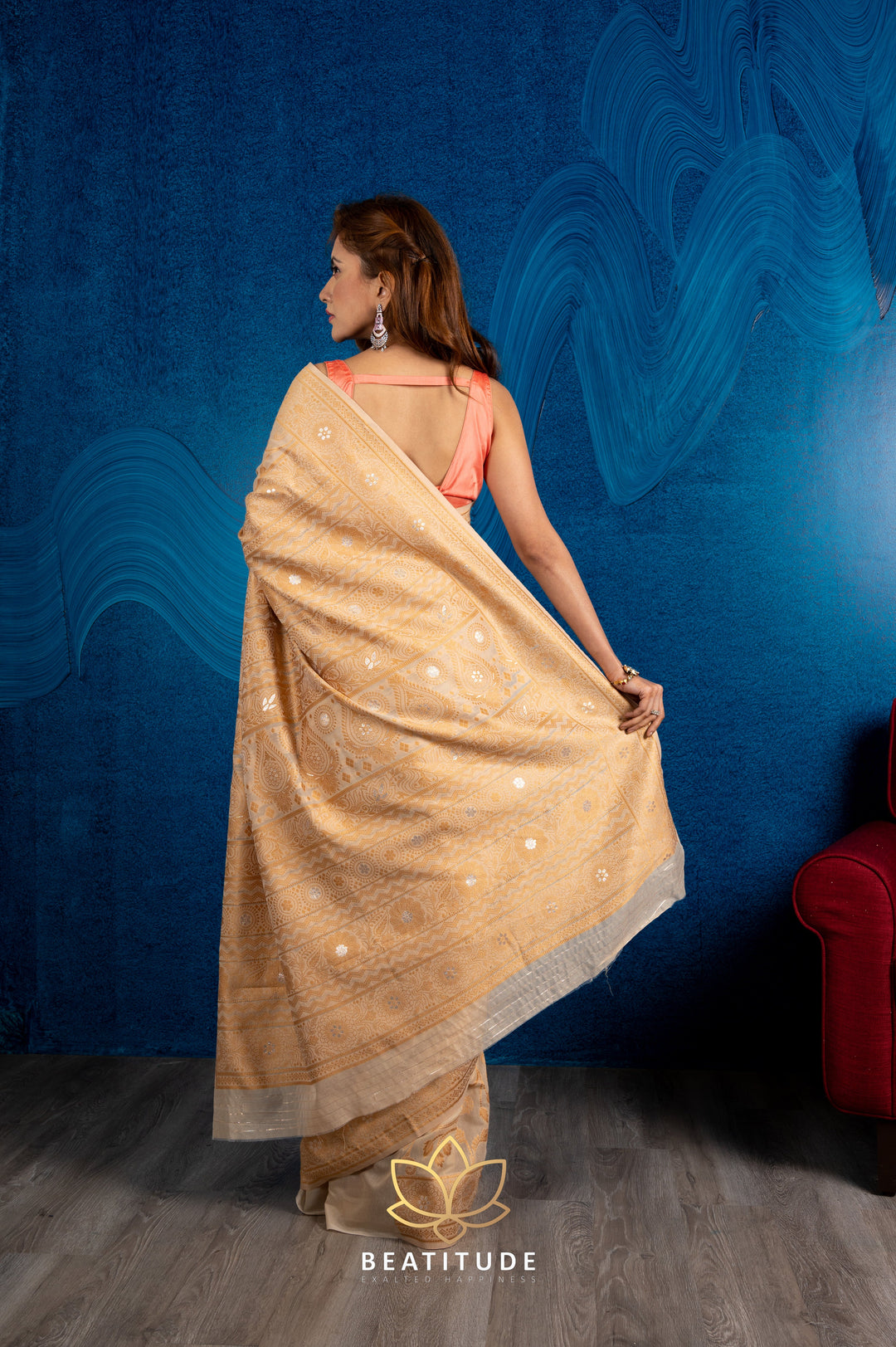 Beatitude Beige Gold-Toned Floral Embroidered Saree with Unstitched Blouse