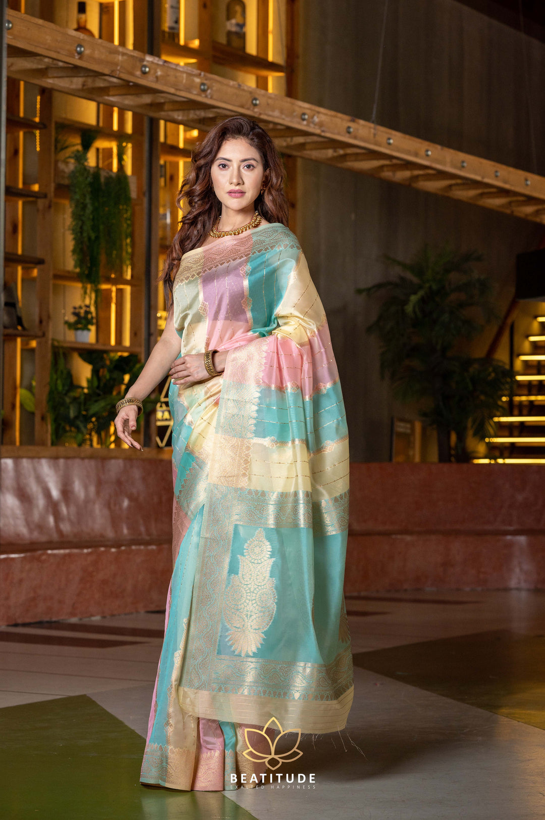 Beatitude Blue Pink Ethnic Motifs Organza Saree with Unstitched Blouse