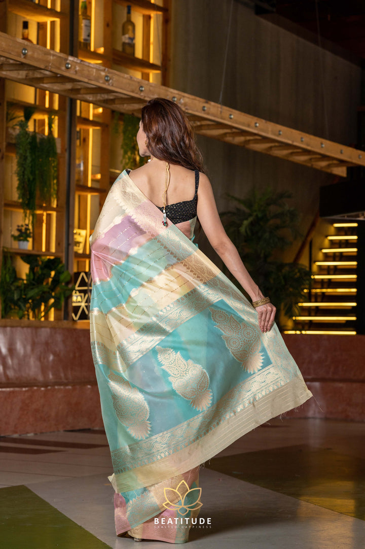 Beatitude Blue Pink Ethnic Motifs Organza Saree with Unstitched Blouse