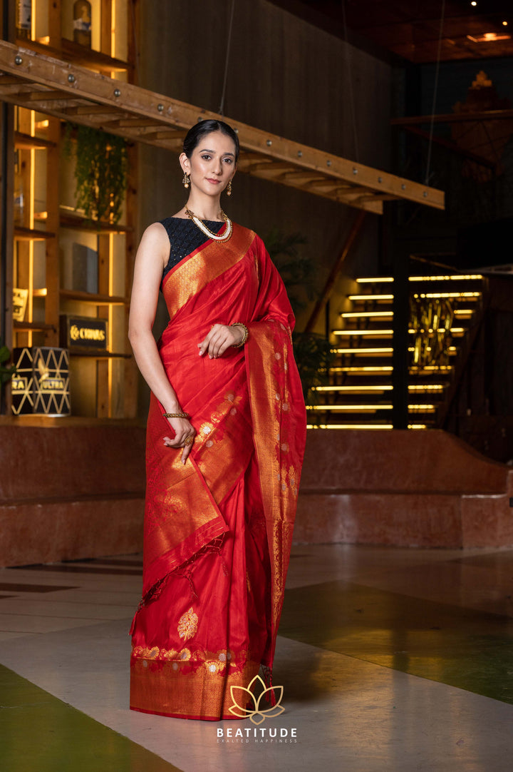 Beatitude Red Gold-Toned Ethnic Motifs Zari Silk Blend Tussar Saree with Unstitched Blouse