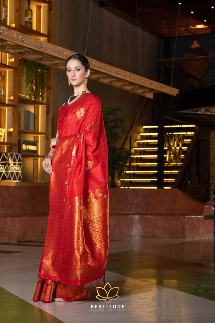 Beatitude Red Gold-Toned Ethnic Motifs Zari Silk Blend Tussar Saree with Unstitched Blouse