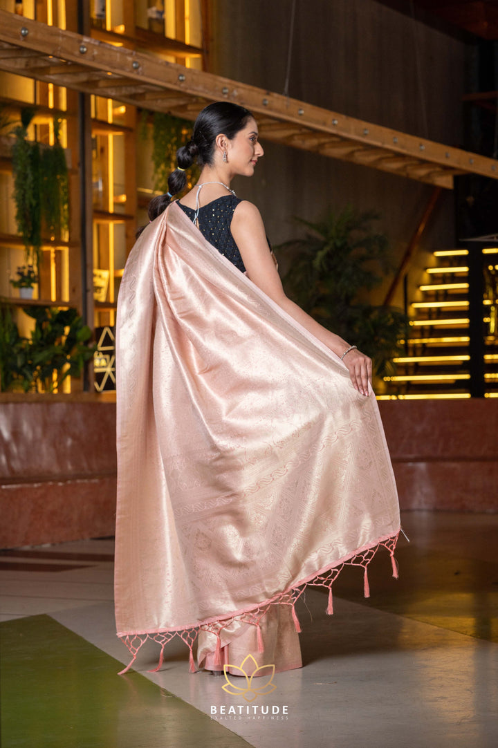 Beatitude Pink Silver-Toned Floral Zari Silk Blend Kanjeevaram Saree with Unstitched Blouse