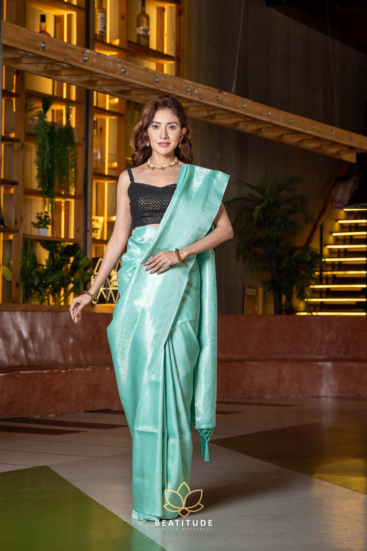 Beatitude Sea Green Silver Woven Design Zari Silk Blend Kanjeevaram Saree with Unstitched Blouse