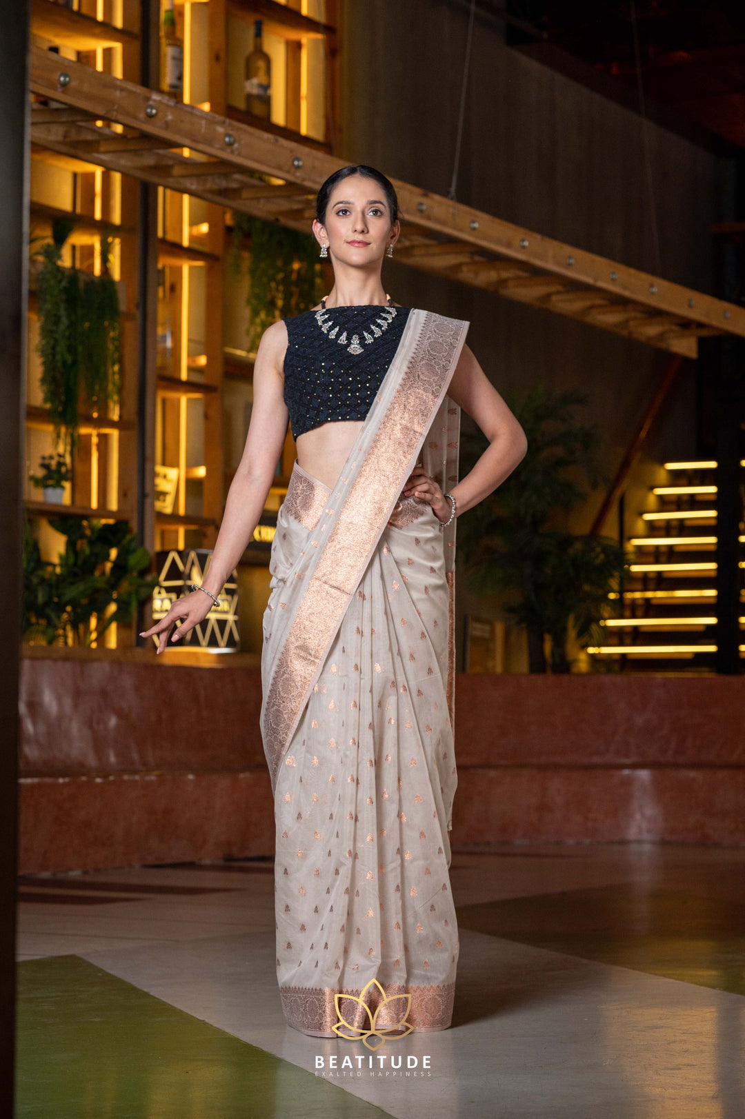 Beatitude Grey Gold-Toned Ethnic Motifs Saree with Unstitched Blouse