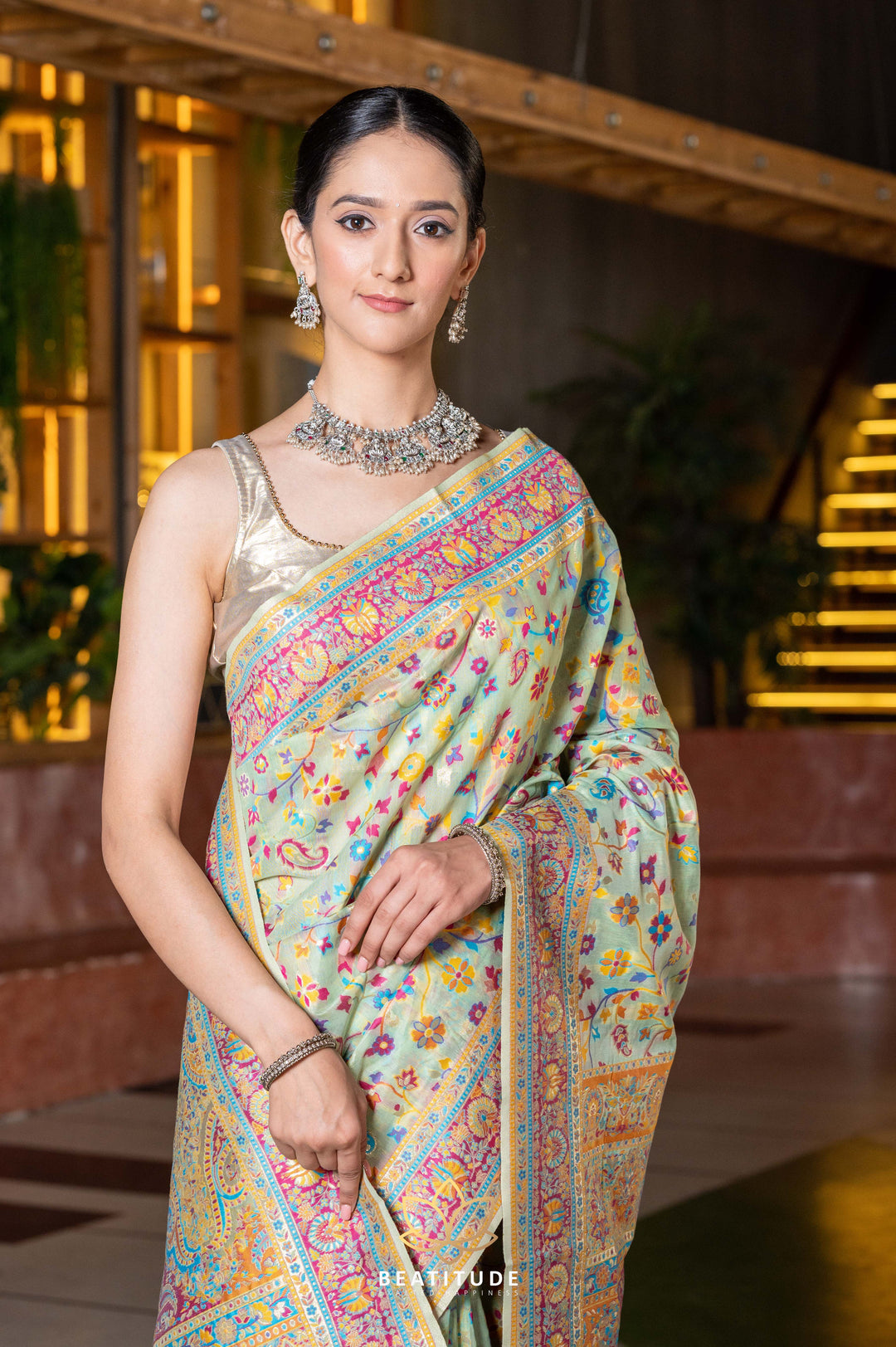 Beatitude Green Blue Floral Silk Blend Saree with Unstitched Blouse