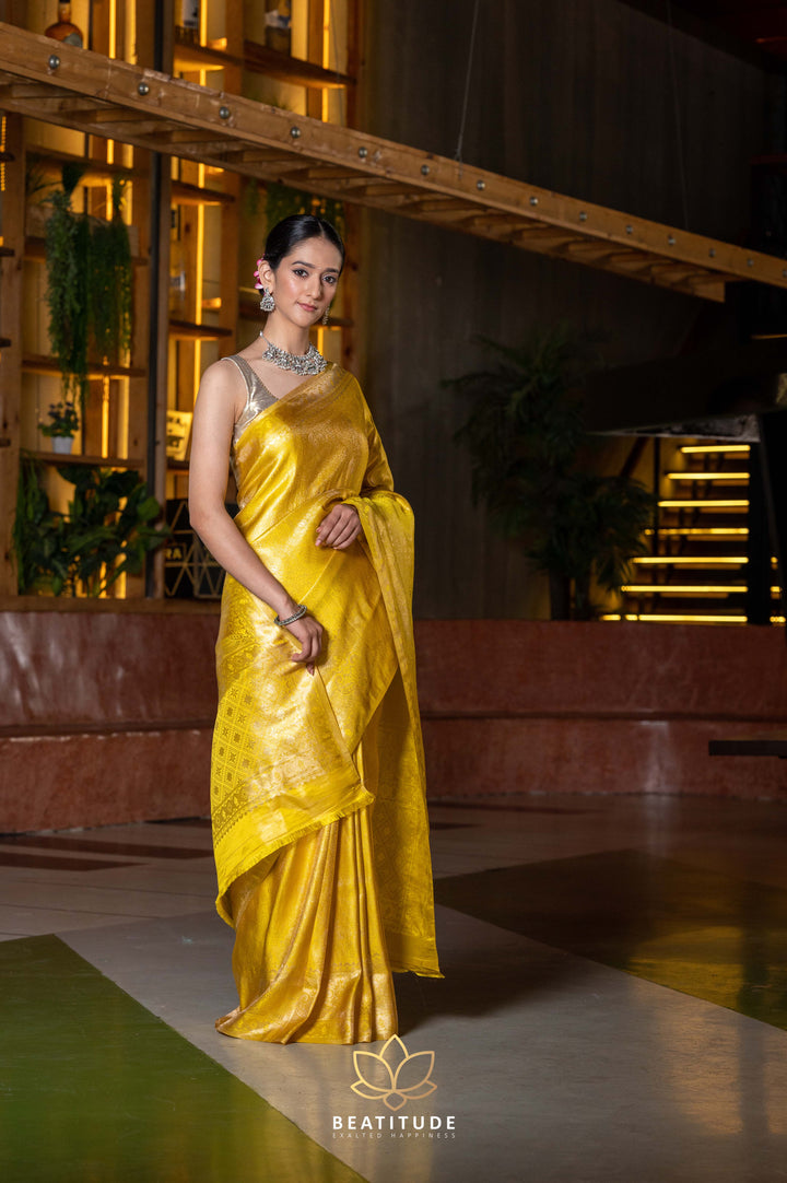 Beatitude Yellow Gold-Toned Zari Silk Blend Banarasi Saree with Unstitched Blouse