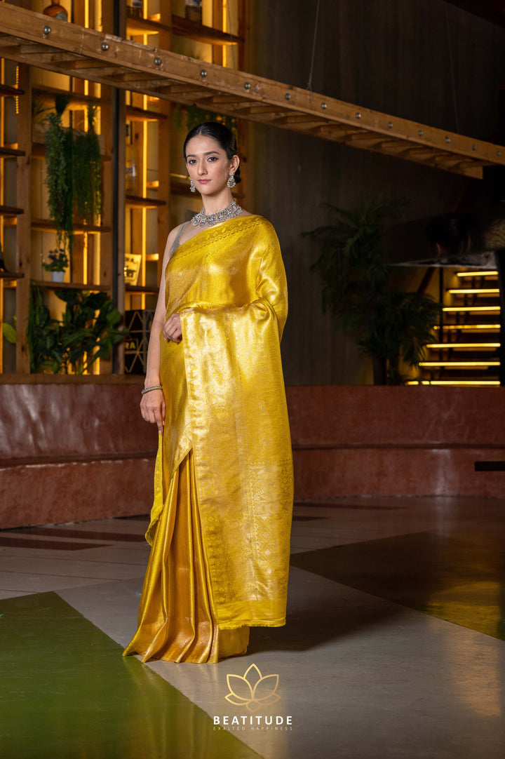 Beatitude Yellow Gold-Toned Zari Silk Blend Banarasi Saree with Unstitched Blouse