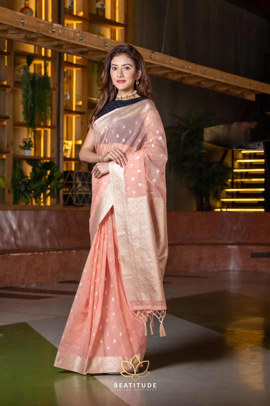 Beatitude Peach Coloured Silver Toned Floral Saree with Unstitched Blouse