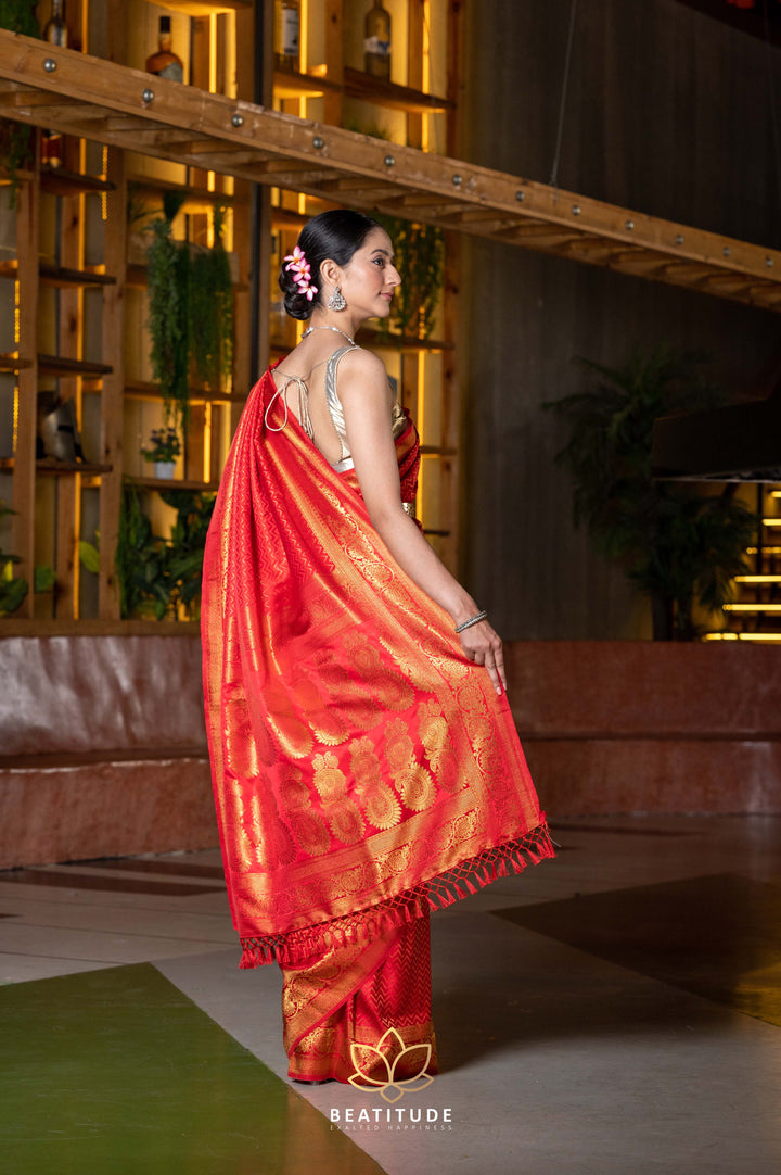 Beatitude Red Satin Silk Banarasi Woven Saree with Unstitched Blouse