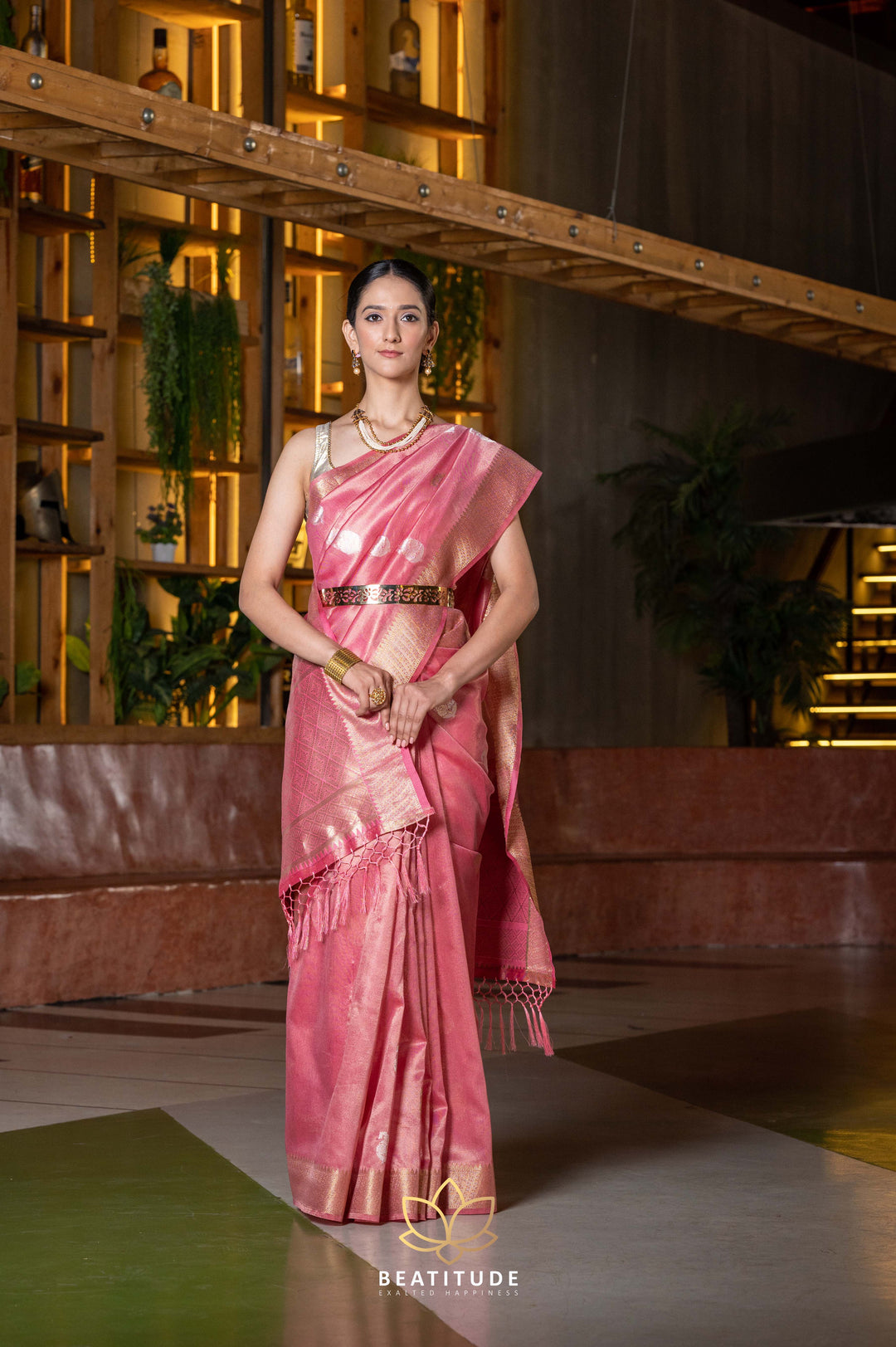 Beatitude Pink Gold-Toned Ethnic Motifs Zari Organza Saree with Unstitched Blouse