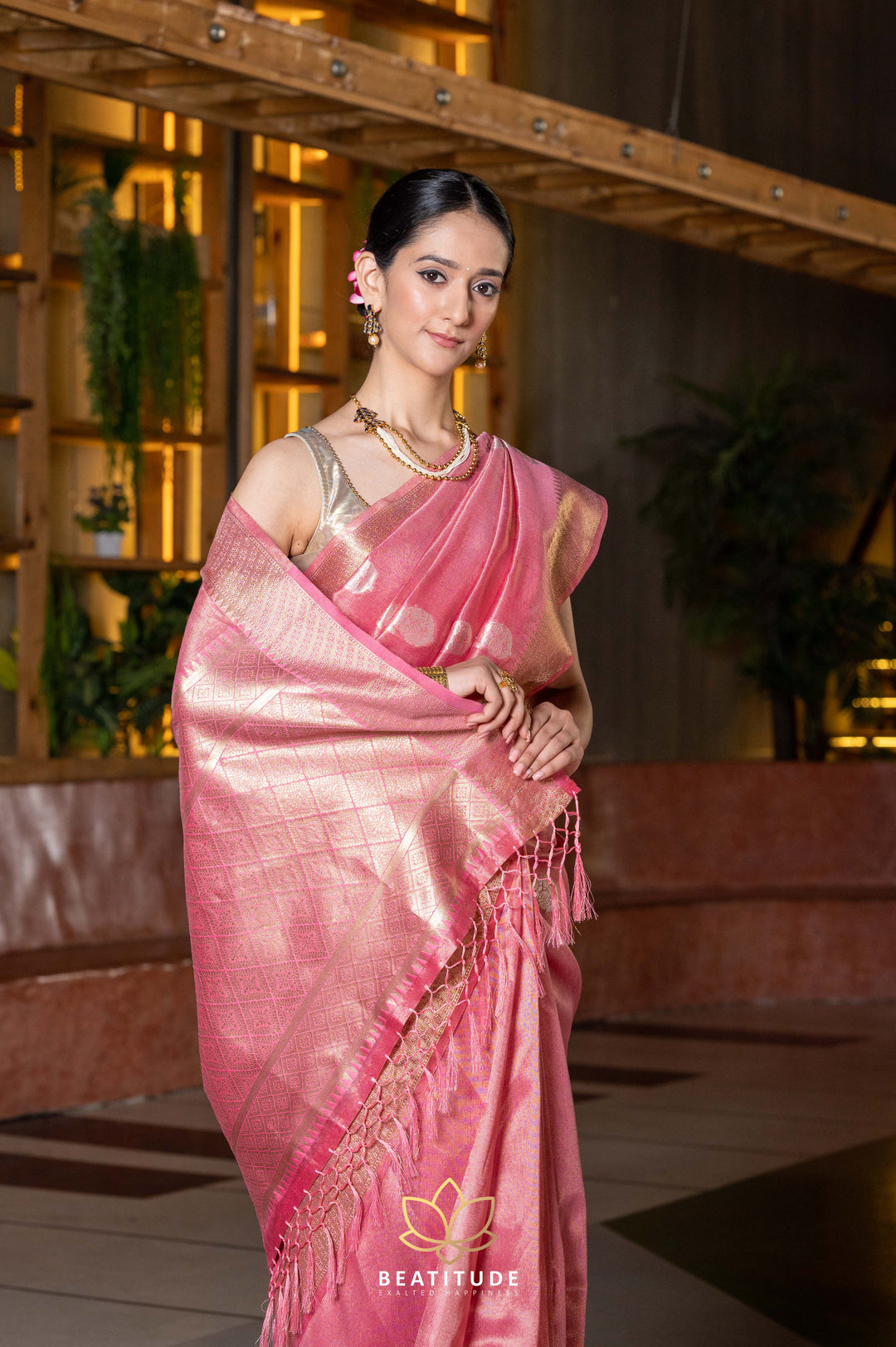 Beatitude Pink Gold-Toned Ethnic Motifs Zari Organza Saree with Unstitched Blouse