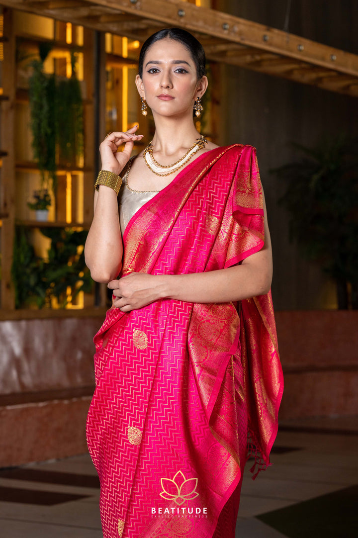 Beatitude Pink Gold-Toned Ethnic Motifs Zari Banarasi Saree with Unstitched Blouse