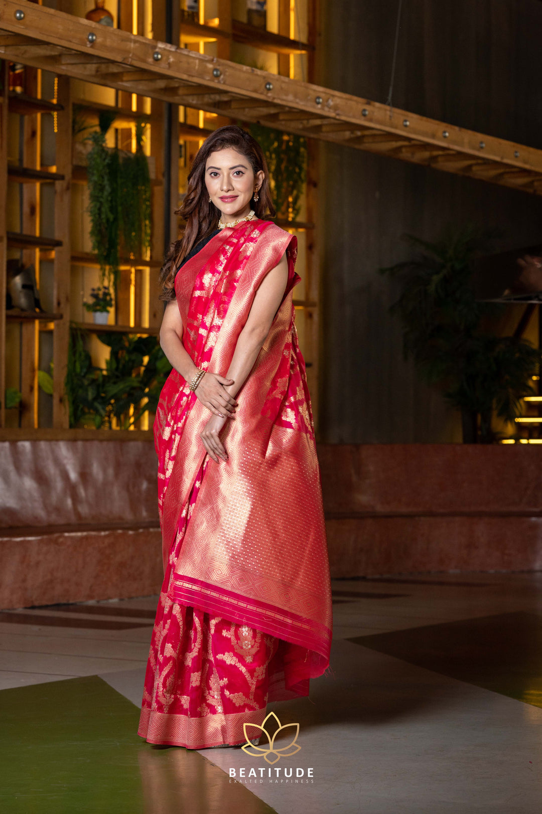 Beatitude Pink Gold-Toned Zari Organza Saree with Unstitched Blouse