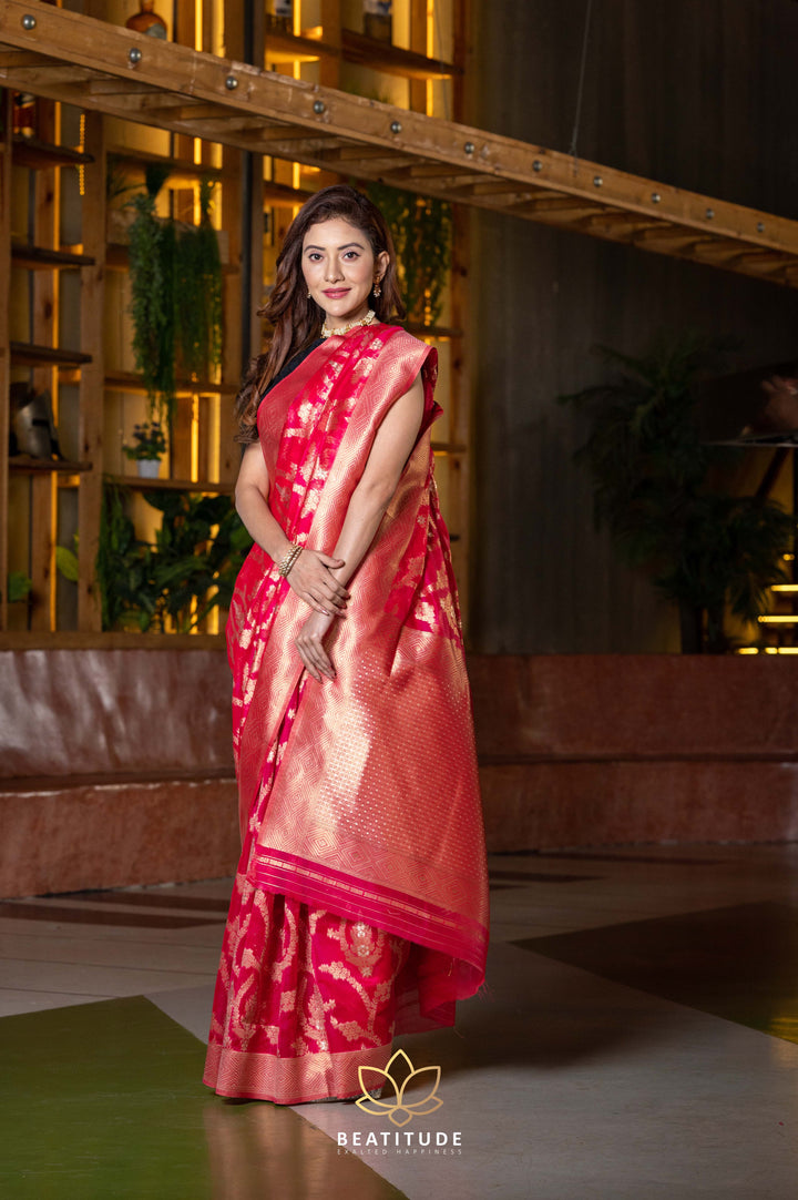 Beatitude Pink Gold-Toned Zari Organza Saree with Unstitched Blouse