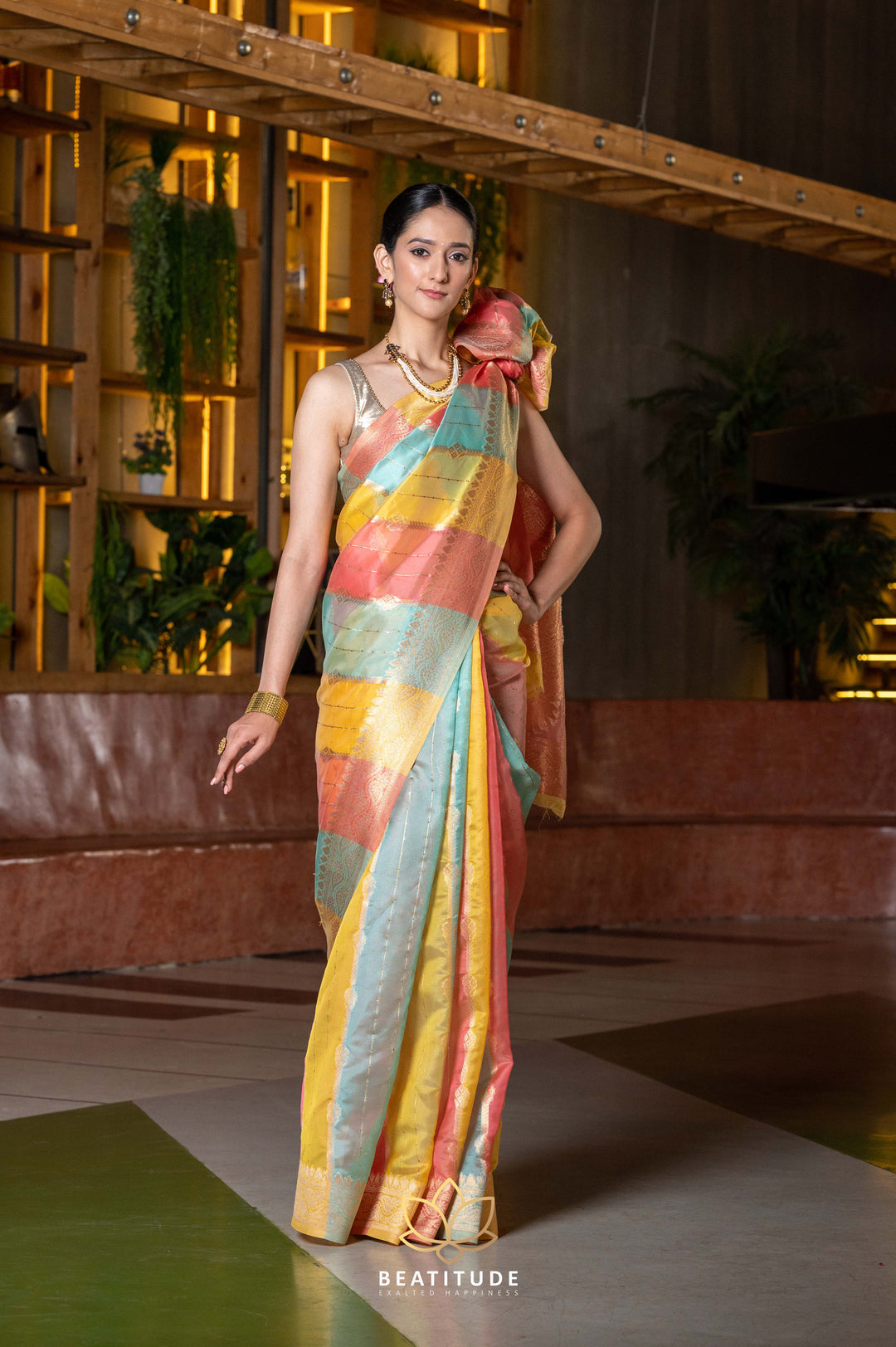 Beatitude Multi-Coloured Blue Ethnic Motifs Organza Saree with Unstitched Blouse