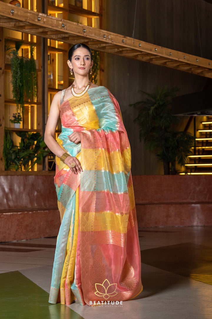 Beatitude Multi-Coloured Blue Ethnic Motifs Organza Saree with Unstitched Blouse