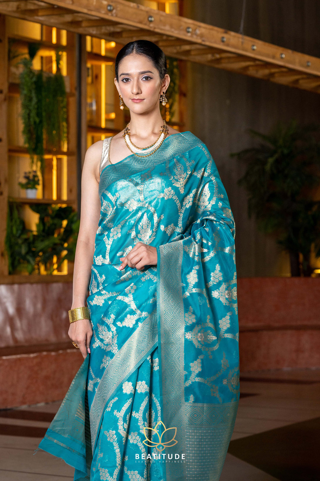 Beatitude Blue Organza Saree with Unstitched Blouse