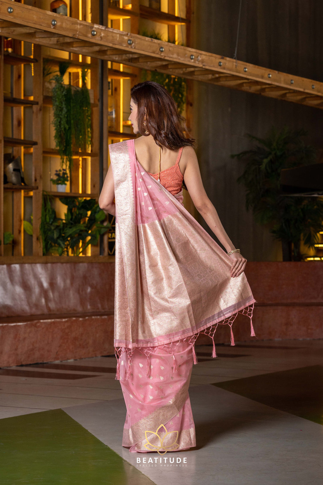 Beatitude Pink Gold-Toned Woven Design Zari Chanderi Saree with Unstitched Blouse