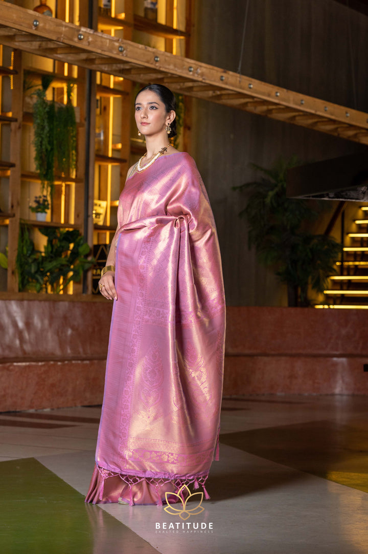 Beatitude Pink Kanjeevaram Silk Blend Saree with Unstitched Blouse