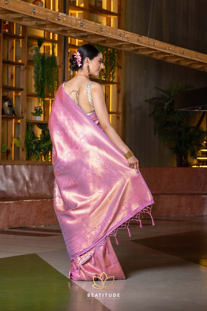 Beatitude Pink Kanjeevaram Silk Blend Saree with Unstitched Blouse