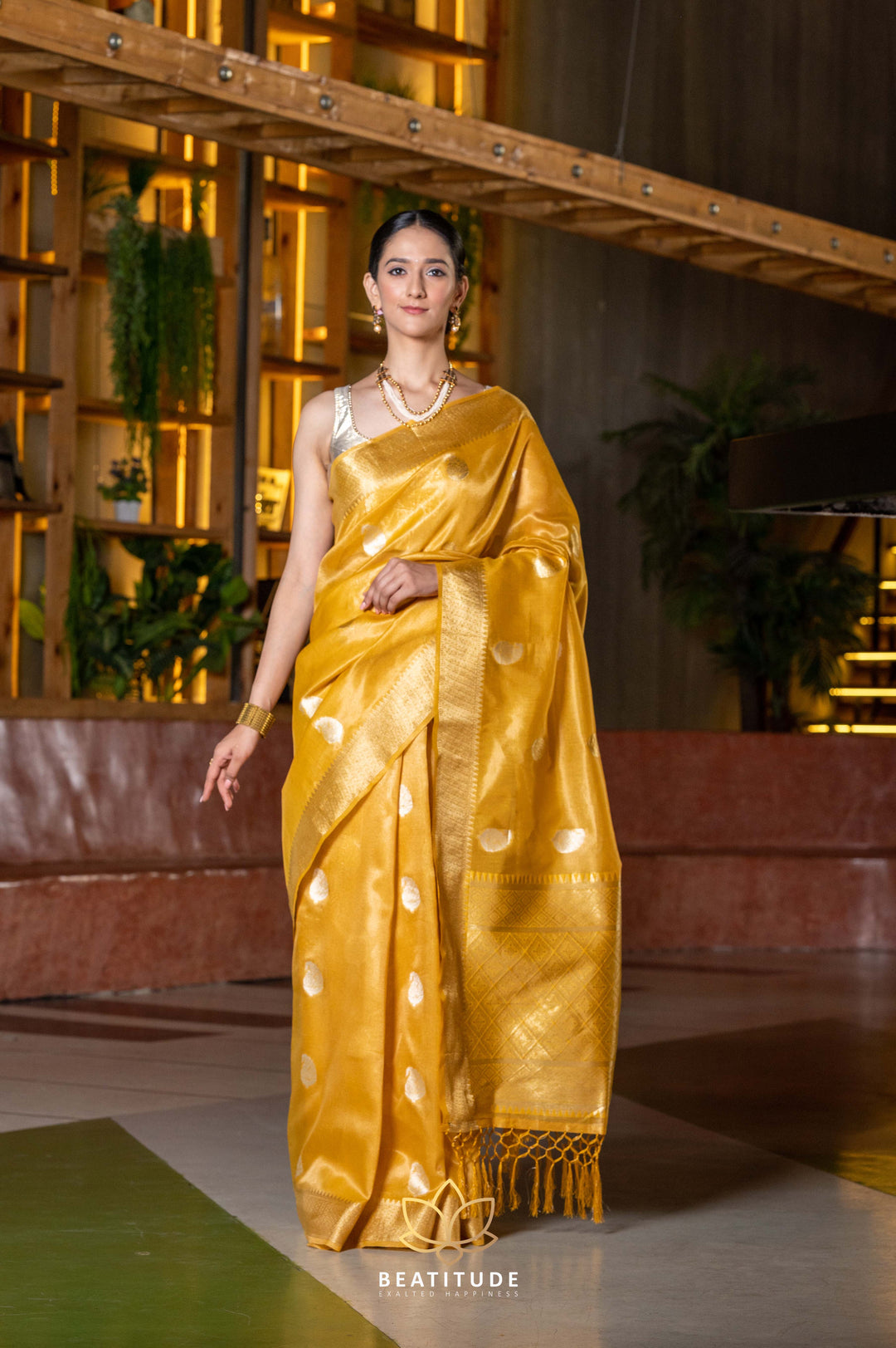 Beatitude Yellow Gold-Toned Ethnic Motifs Organza Saree with Unstitched Blouse